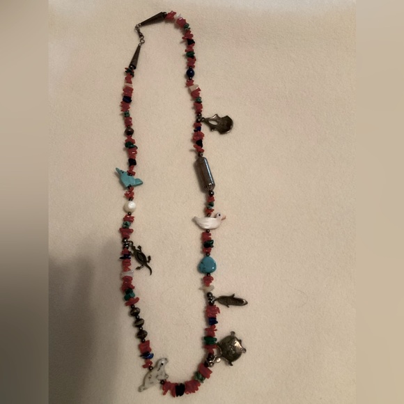 Native American Red and Blue Beaded Fetish Necklace with Charms - Picture 2 of 3
